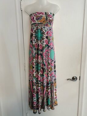 Strapless Maxi Dress in Teal & Pink